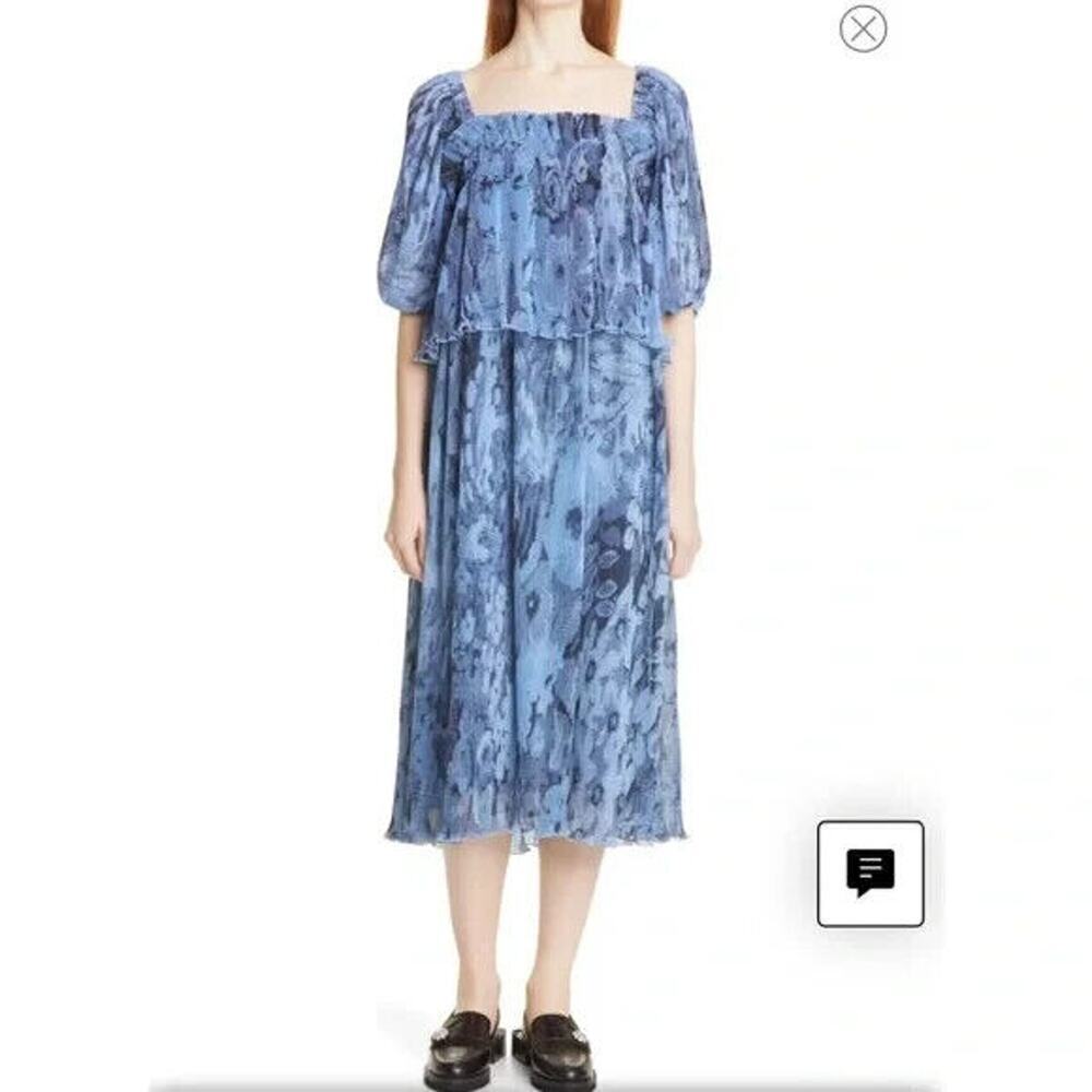NWT Ganni Georgette Blue Tiered Midi Dress Size 36 US 4 Blue #1E452